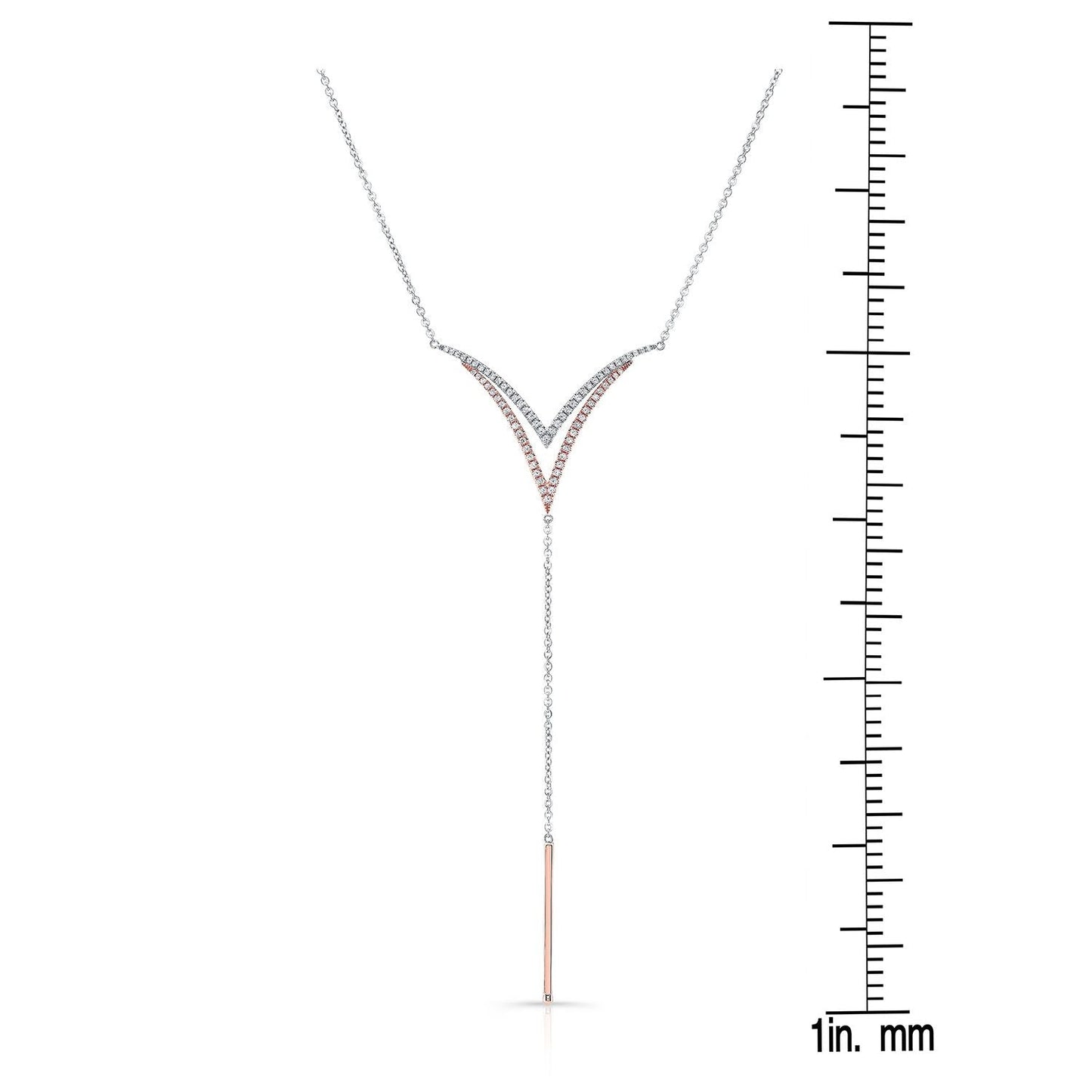 Diamond Pave Double-v And Solid Bar Y-necklace In 14k Rose And White Gold (16-18 In Adj Chn)