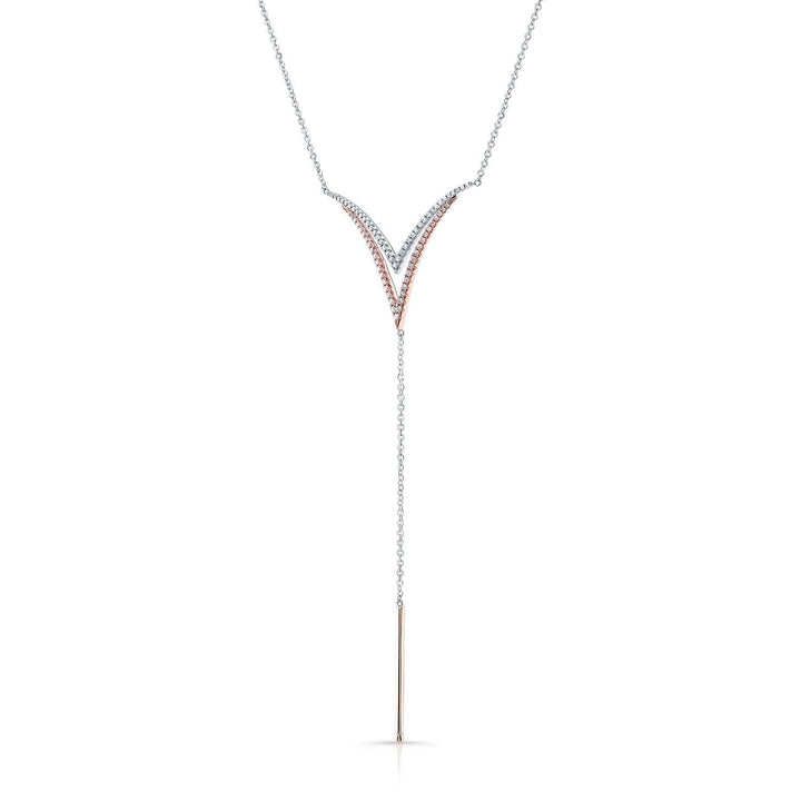 Diamond Pave Double-v And Solid Bar Y-necklace In 14k Rose And White Gold (16-18 In Adj Chn)