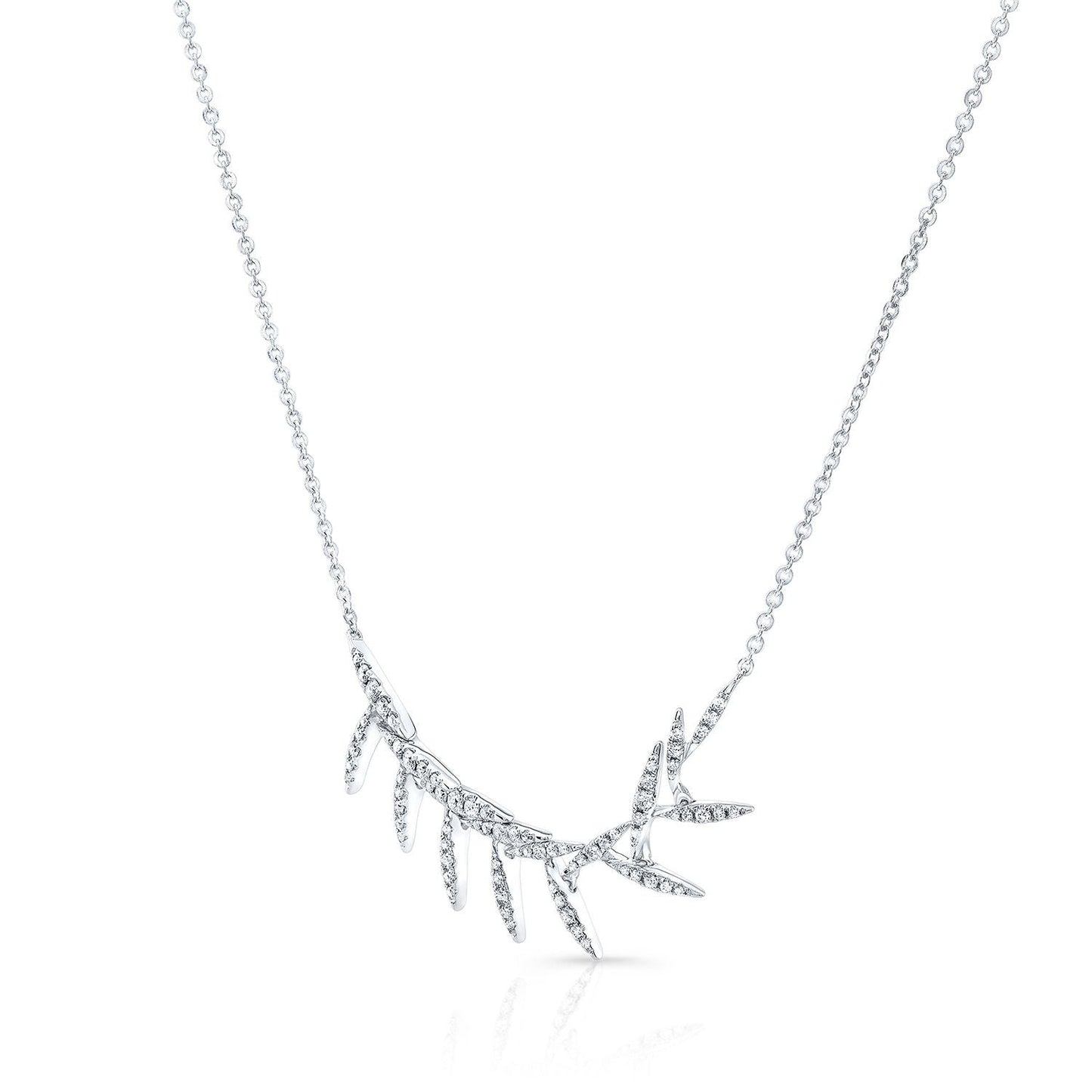 สร้อยคอใบลอเรลลอยเพชรปาเว่ในทองคำขาว 14k (สายปรับได้ 16-18)