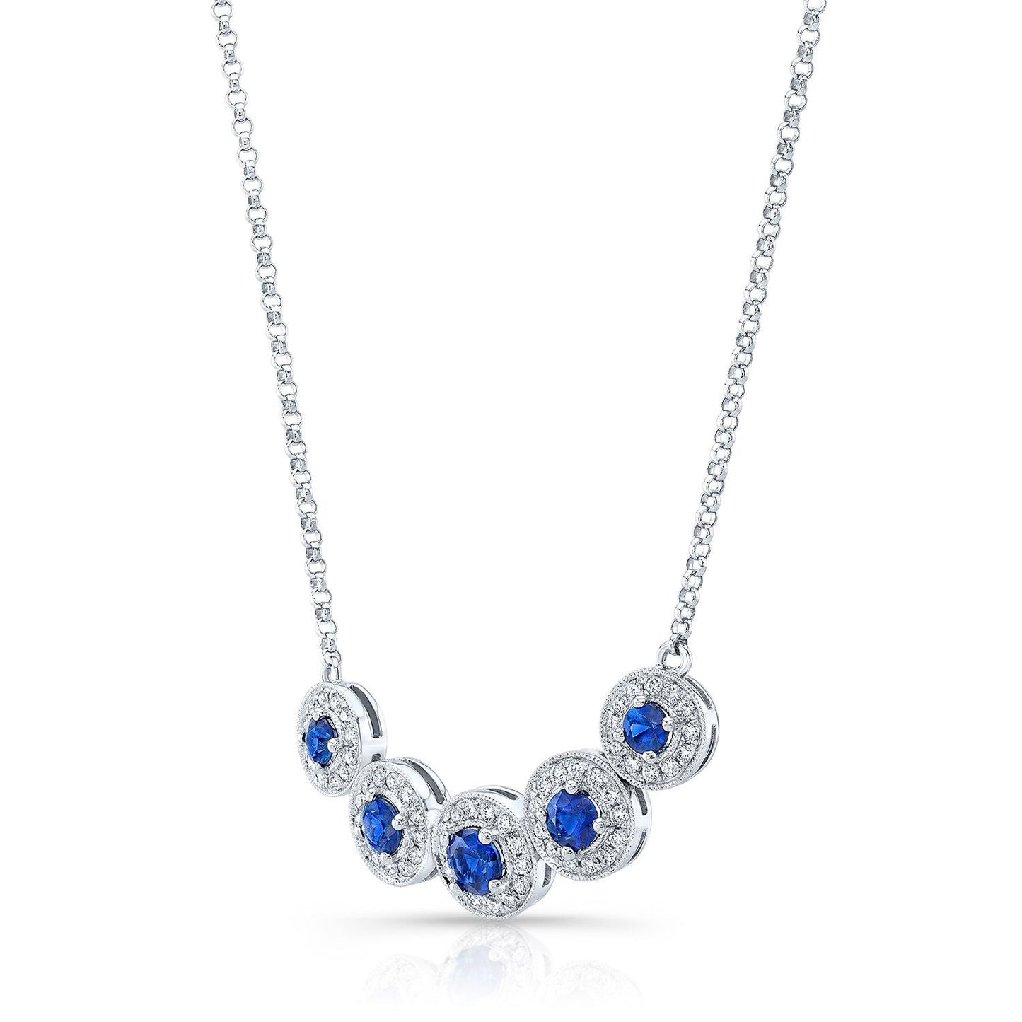 Sapphire And Diamond Graduated Curved Necklace In 14k White Gold