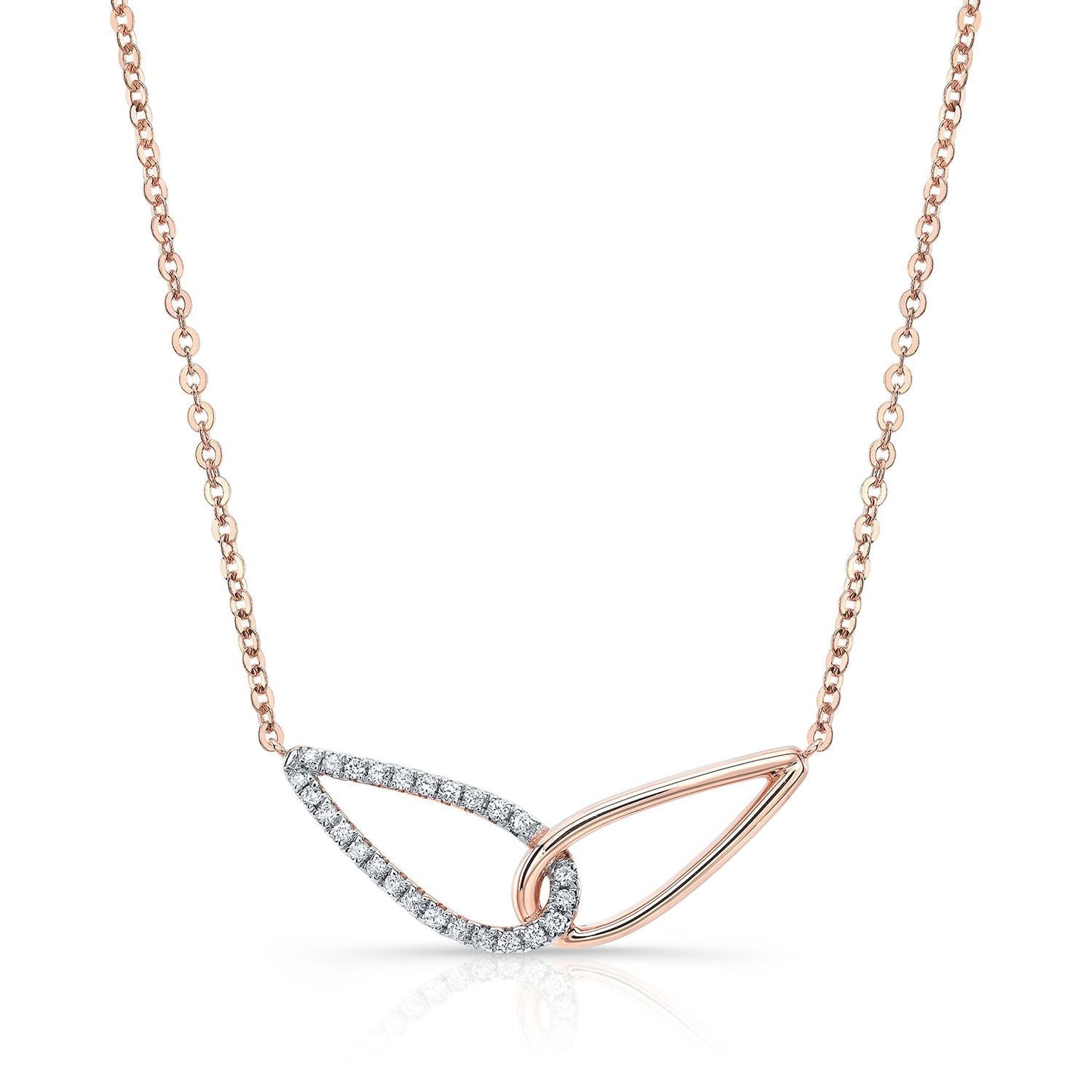 สร้อยคอเชื่อมต่อหยดน้ำแบบเพชรปาเว่และขัดเงาสูงในทองกุหลาบ 14k, 16-18 นิ้ว