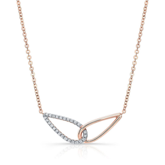 สร้อยคอเชื่อมต่อหยดน้ำแบบเพชรปาเว่และขัดเงาสูงในทองกุหลาบ 14k, 16-18 นิ้ว
