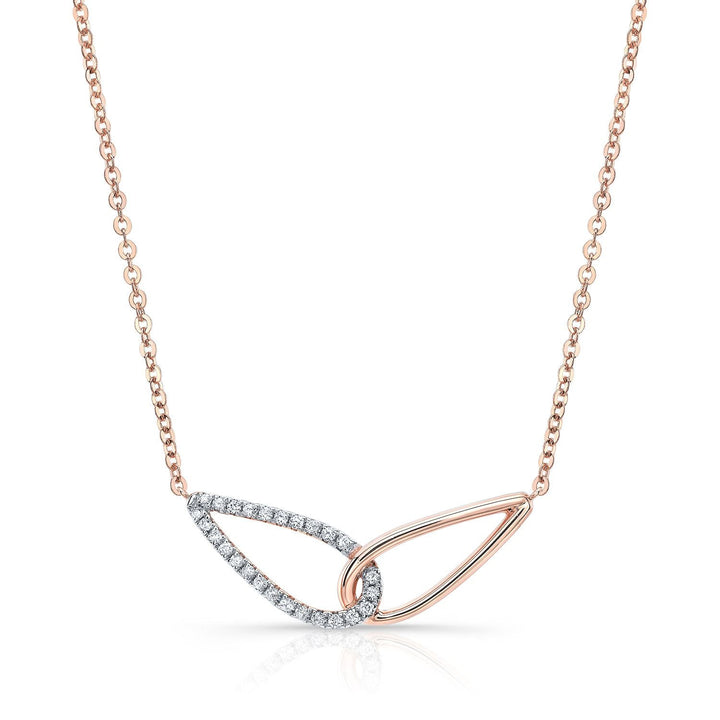 Diamond Pave And High Polish Teardrop Interlink Necklace in 14K Rose Gold, 16-18 Inch – front view | RockHer