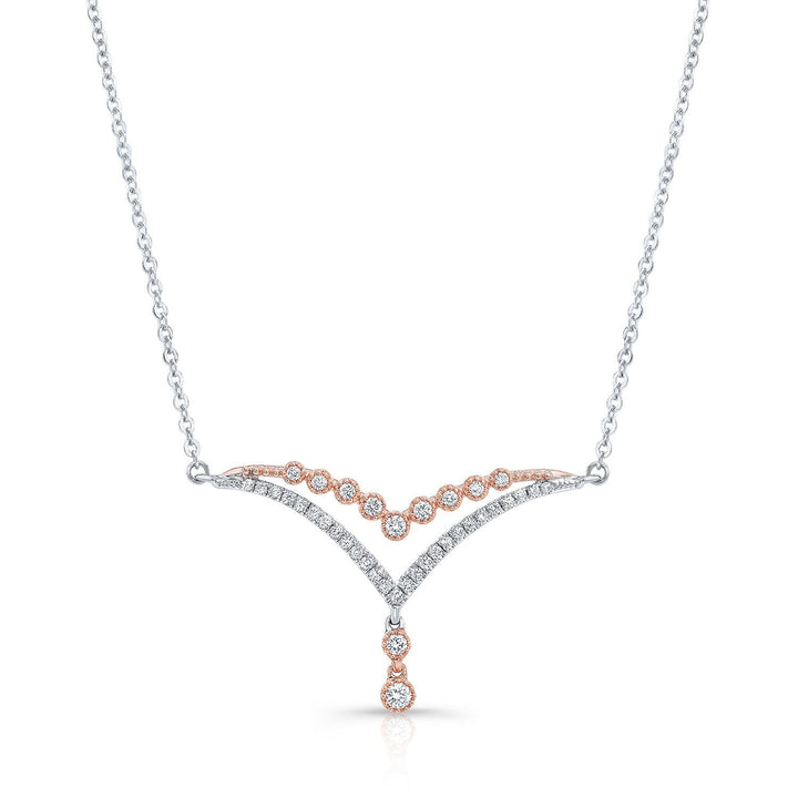 Diamond Pave And Prong Double Chevron Necklace In 14k White And Rose Gold, 16-18 Inch – front view | RockHer