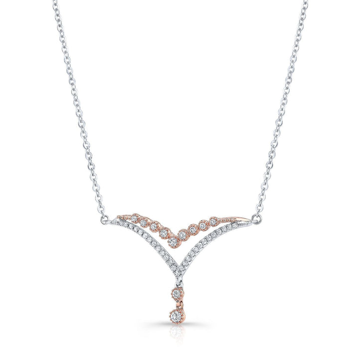 สร้อยคอรูปตัววีคู่แบบเพชรปาเว่และหนามเตยในทองคำขาวและทองคำชมพู 14k, 16-18 นิ้ว