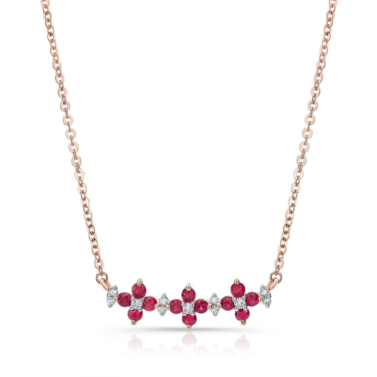Ruby And Diamond Triple Floral Necklace In 14k Rose Gold