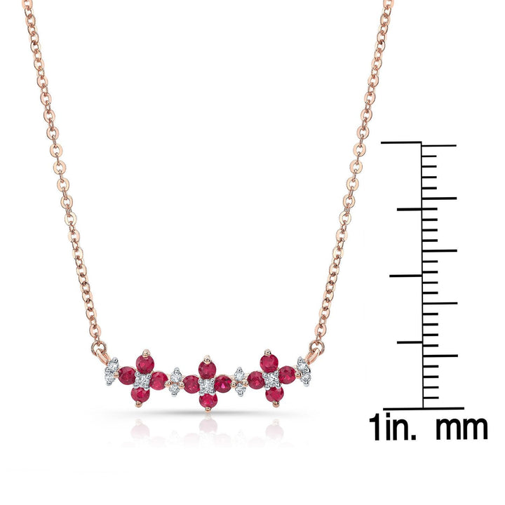 Ruby And Diamond Triple Floral Necklace In 14k Rose Gold