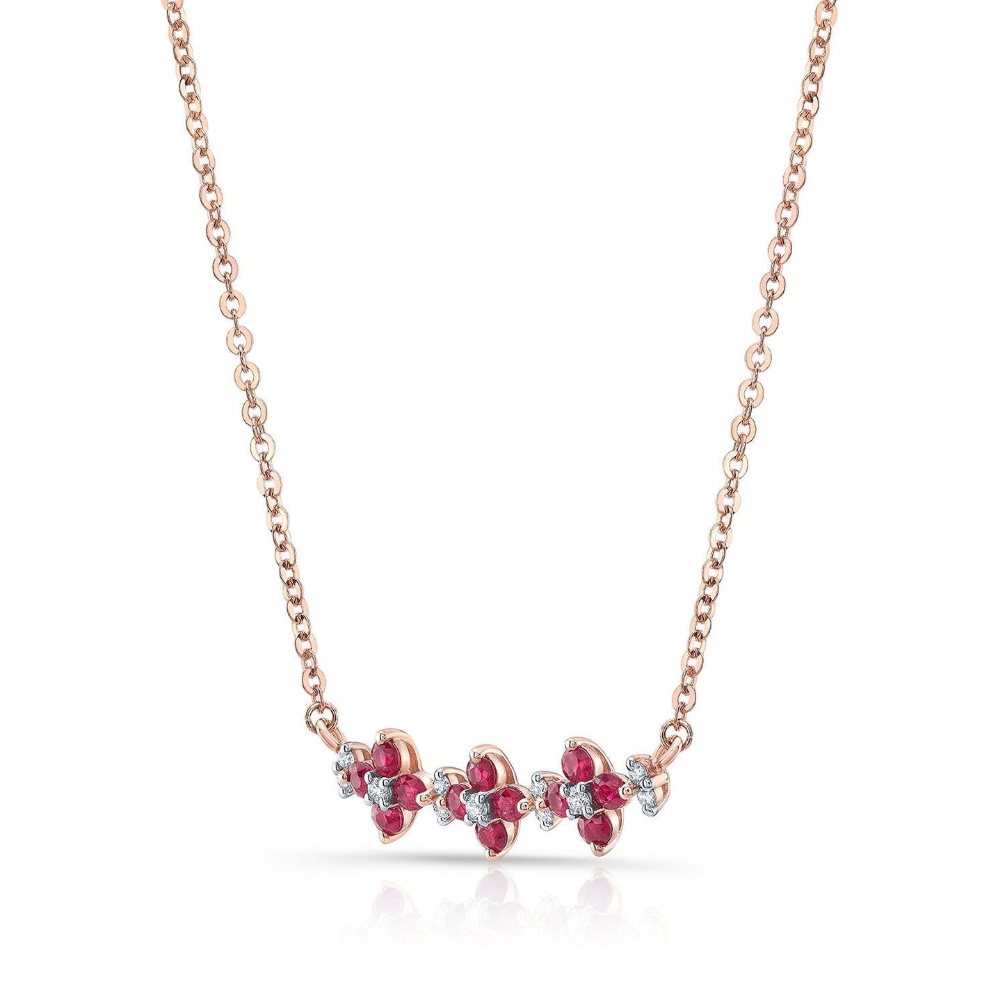 Ruby And Diamond Triple Floral Necklace In 14k Rose Gold