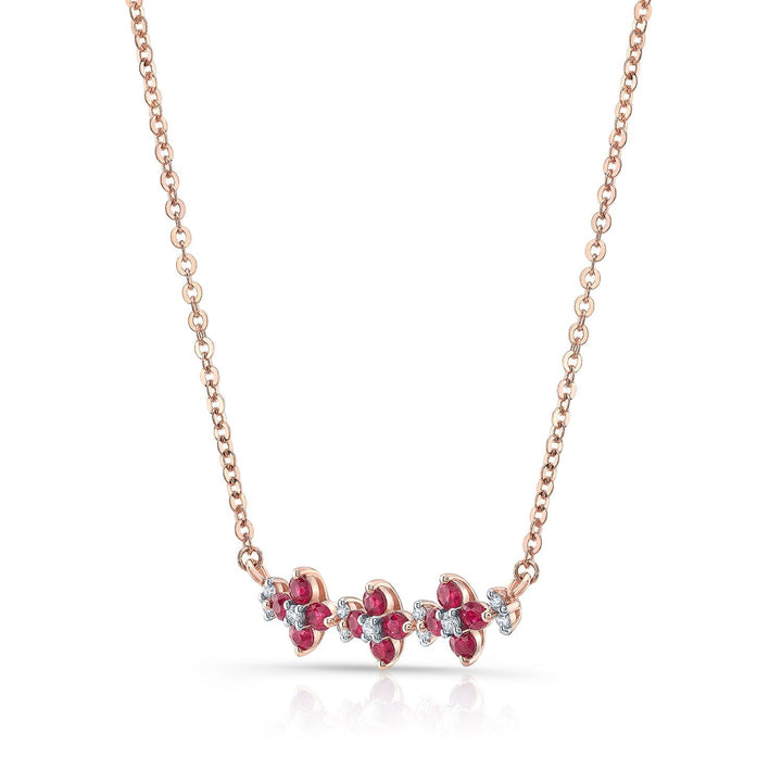 Ruby And Diamond Triple Floral Necklace In 14k Rose Gold