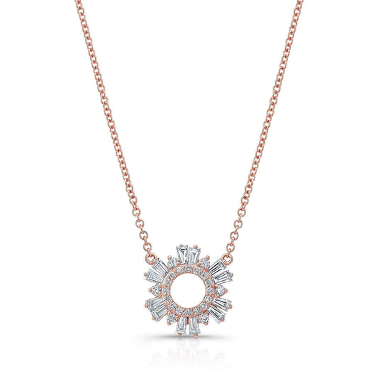 สร้อยคอเพชรประดับวงกลมและบาเก็ตต์ทรงกรวยรูปดาวระเบิดในทองกุหลาบ 14k