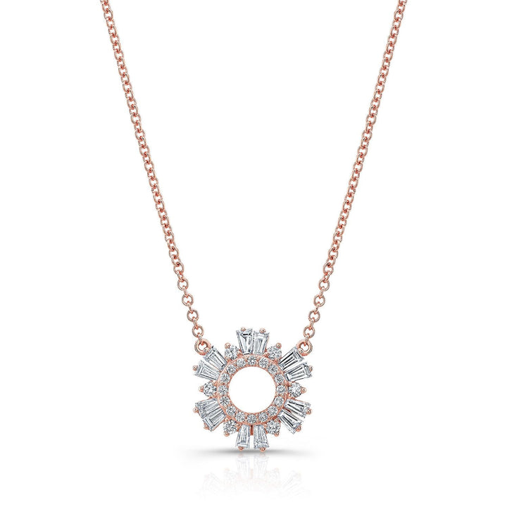 Diamond Pave Circle And Tapered Baguette Starburst Necklace in 14K Rose Gold – front view | RockHer
