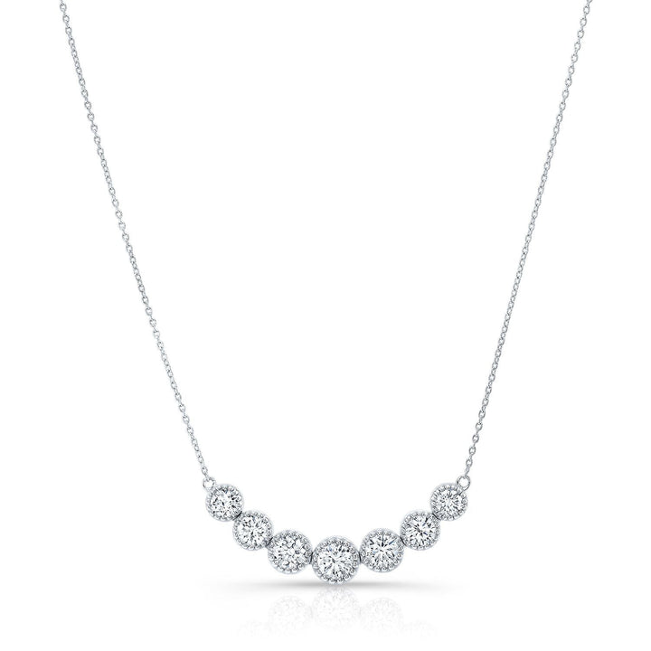 Diamond 7-stone Round Bezel Graduated Necklace With Millgrained Edging in 14K White Gold – front view | RockHer