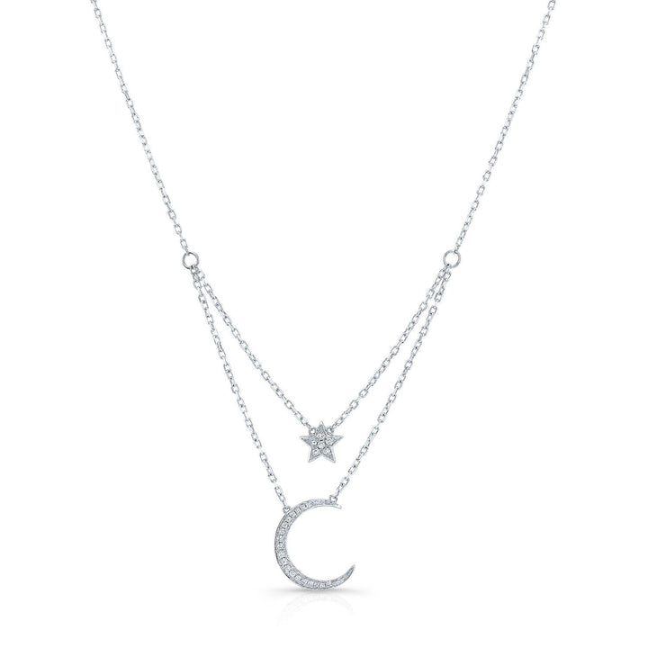 Diamond Star And Moon Layered Necklace in 14K White Gold, 16-18 Inch Adj Chain – front view | RockHer