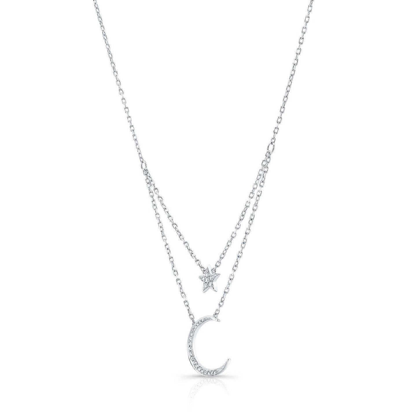 สร้อยคอเลเยอร์รูปดาว เพชร และพระจันทร์ ในทองคำขาว 14k พร้อมสายปรับความยาว 16-18 นิ้ว