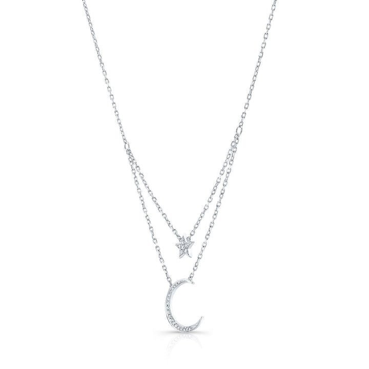 สร้อยคอเลเยอร์รูปดาว เพชร และพระจันทร์ ในทองคำขาว 14k พร้อมสายปรับความยาว 16-18 นิ้ว
