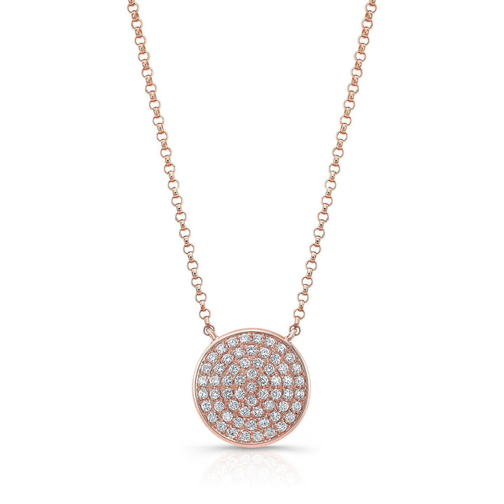 Diamond Pave Round Disk Necklace in 14K Rose Gold – front view | RockHer