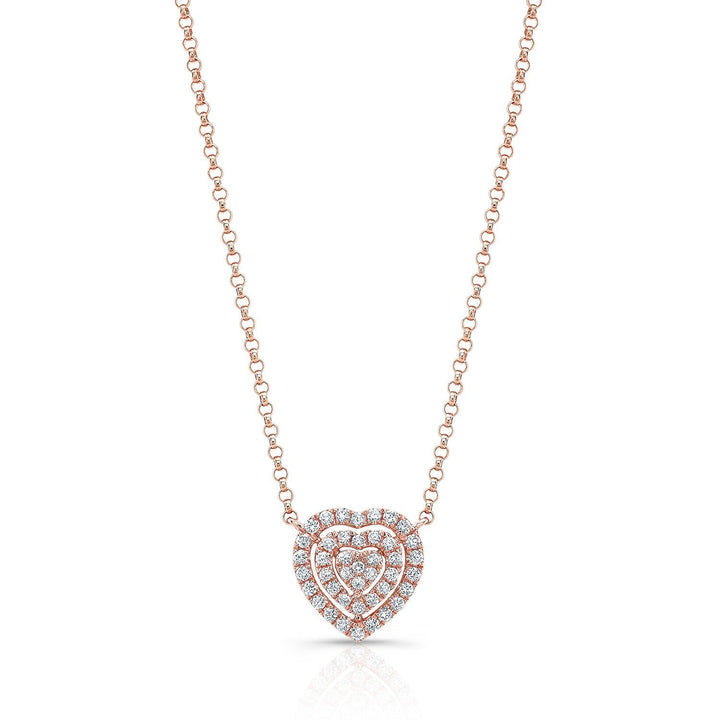 Diamond Heart Cluster Necklace With Pave Double Border in 14K Rose Gold – front view | RockHer