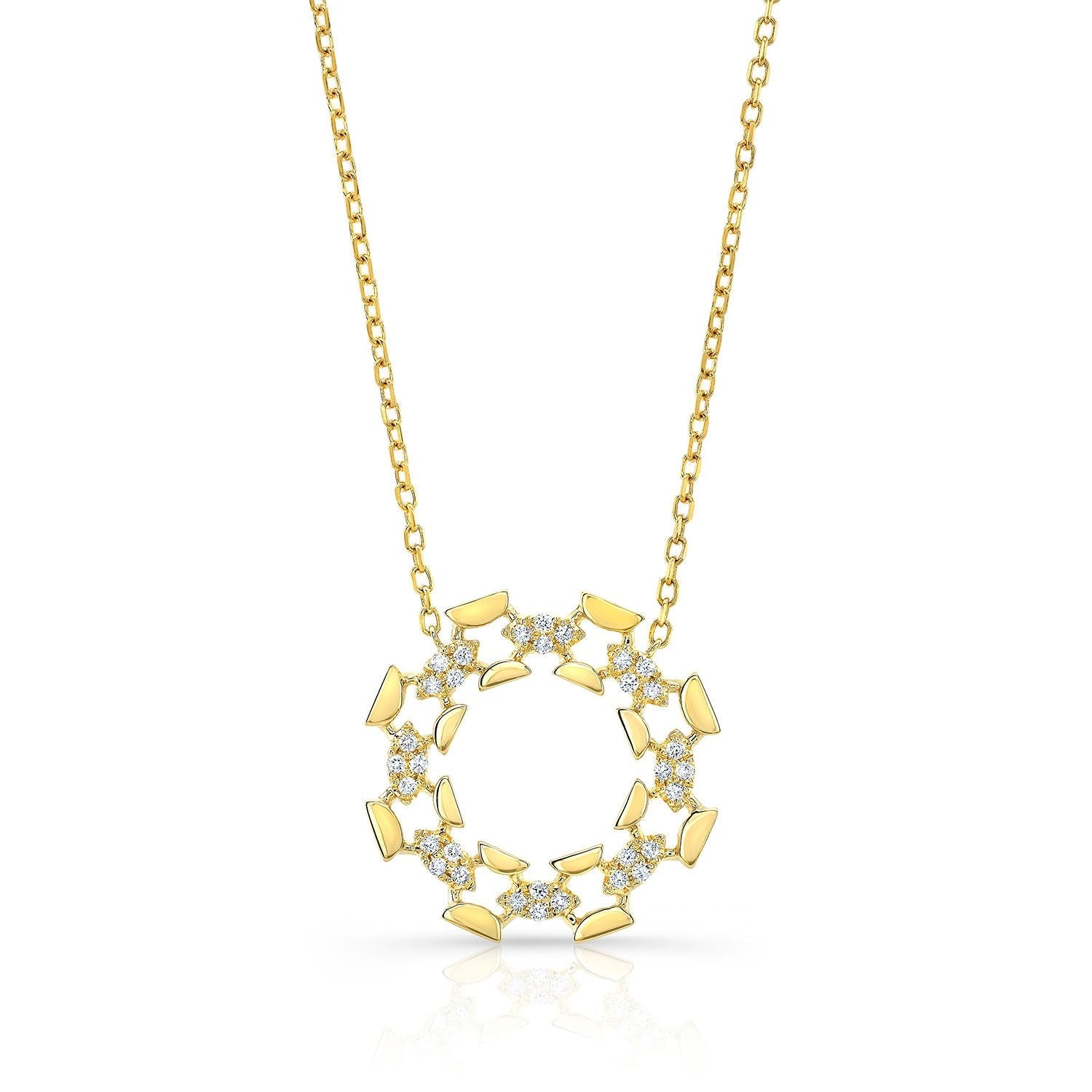 สร้อยคอวงเปิดขัดเงาสูงเพชรในทองคำเหลือง 14k, สายปรับได้ 16-18 นิ้ว