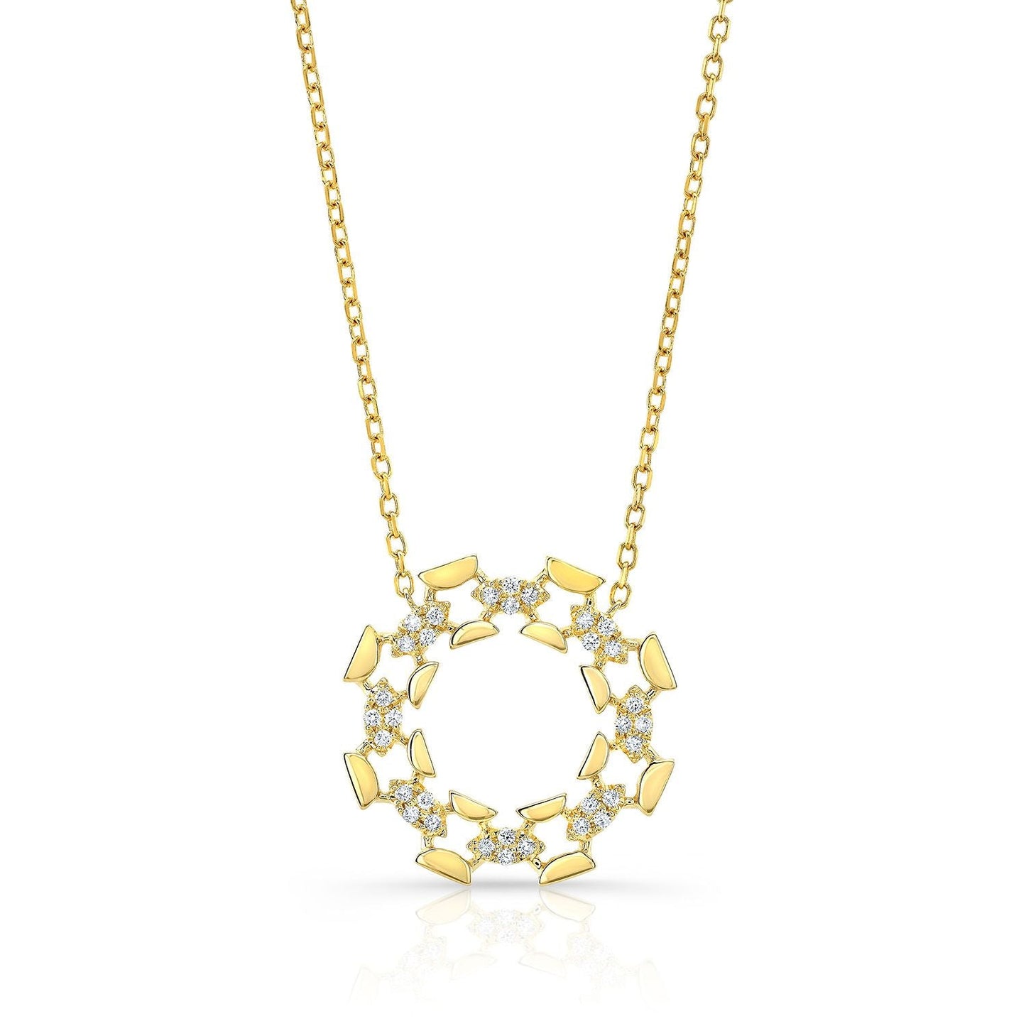 สร้อยคอวงเปิดขัดเงาสูงเพชรในทองคำเหลือง 14k, สายปรับได้ 16-18 นิ้ว