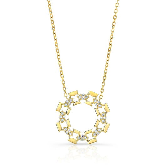 สร้อยคอวงเปิดขัดเงาสูงเพชรในทองคำเหลือง 14k, สายปรับได้ 16-18 นิ้ว