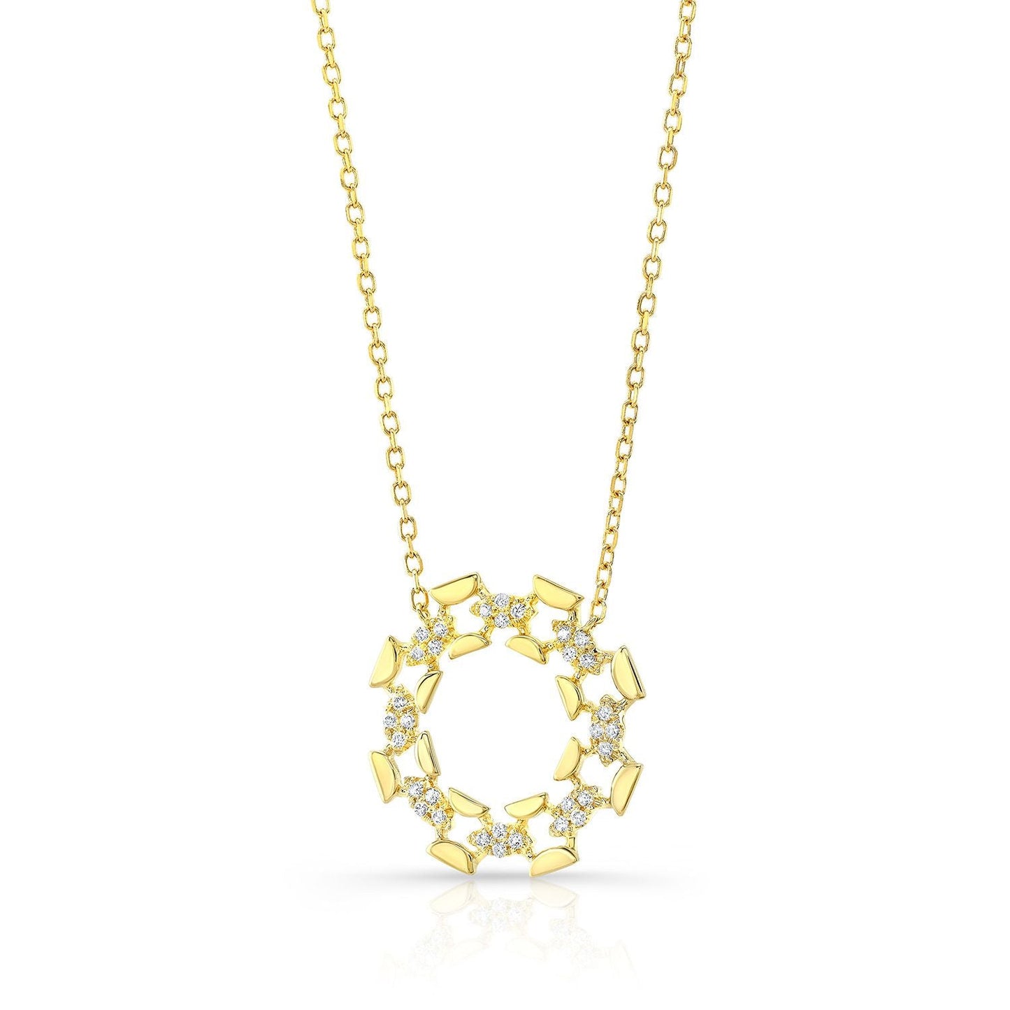 สร้อยคอวงเปิดขัดเงาสูงเพชรในทองคำเหลือง 14k, สายปรับได้ 16-18 นิ้ว