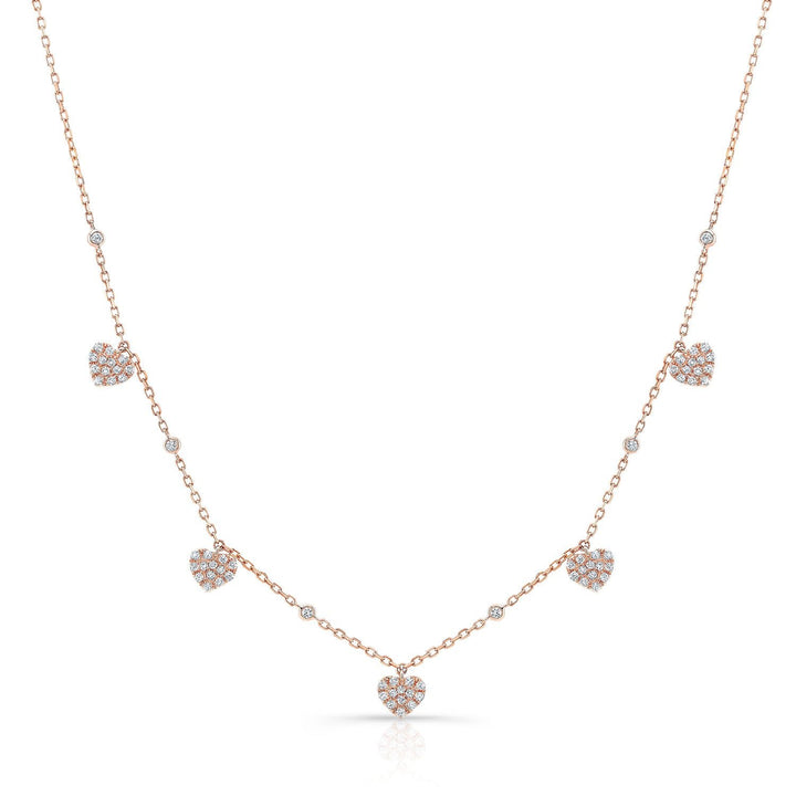 Diamond Pave Dangling 5-heart Station Necklace in 14K Rose Gold, 16-18 Adj Chn | RockHer