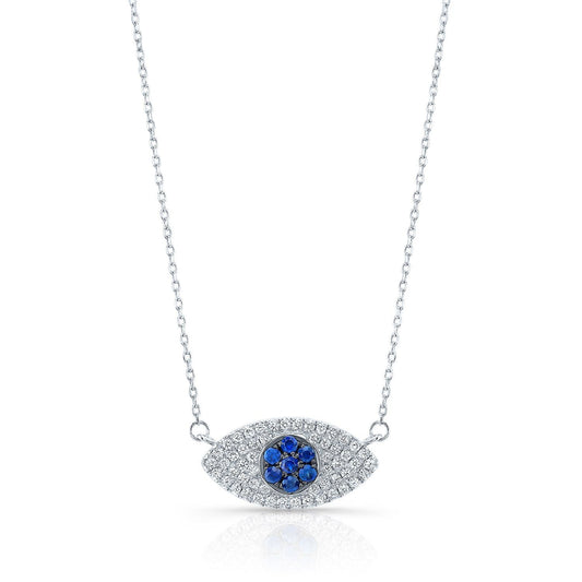 Sapphire And Diamond Pave Evil Eye Necklace In 14k White Gold, 16-18 Adj Chn