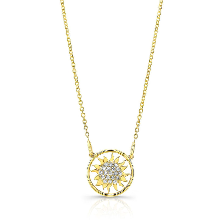 Diamond Sun Necklace With Round Frame in 14K Yellow Gold – front view | RockHer