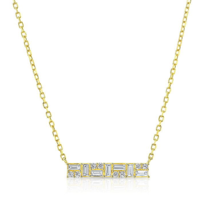 Diamond Baguette And Round Mosaic Bar Necklace in 14K Yellow Gold, 16-18 Inch Adj Chain – front view | RockHer