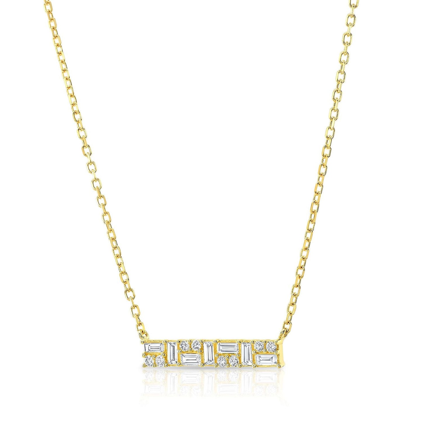 สร้อยคอเพชรบาแกตต์และโมเสคทรงกลมแบบบาร์ในทองคำเหลือง 14k พร้อมสายปรับความยาว 16-18 นิ้ว