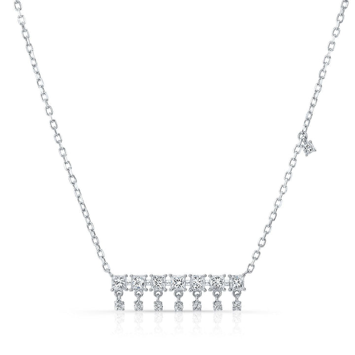 Diamond Princess Cut And Round Fringe Bar Necklace in 14K White Gold, 16-18 Inch Adj Chain – front view | RockHer