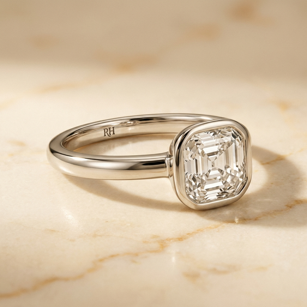 The Agnes Select bezel solitaire asscher engagement ring in platinum — alt-angle hero — RockHer
