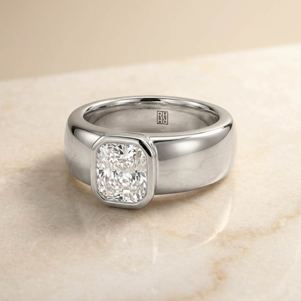 The Remi Select — Bezel-Set Cigar Band Cushion in 18K Yellow Gold