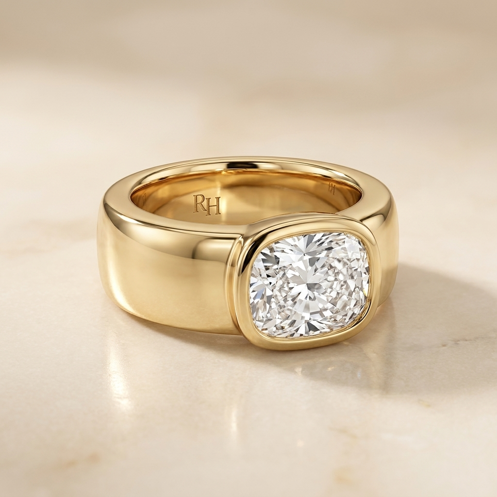 The Remi Select — Bezel-Set Cigar Band Cushion in 18K Yellow Gold
