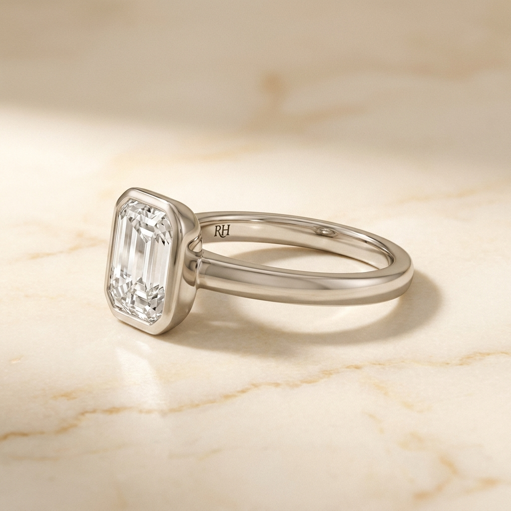 The Agnes Select bezel solitaire emerald cut engagement ring in 18k white gold — alt-angle hero — RockHer