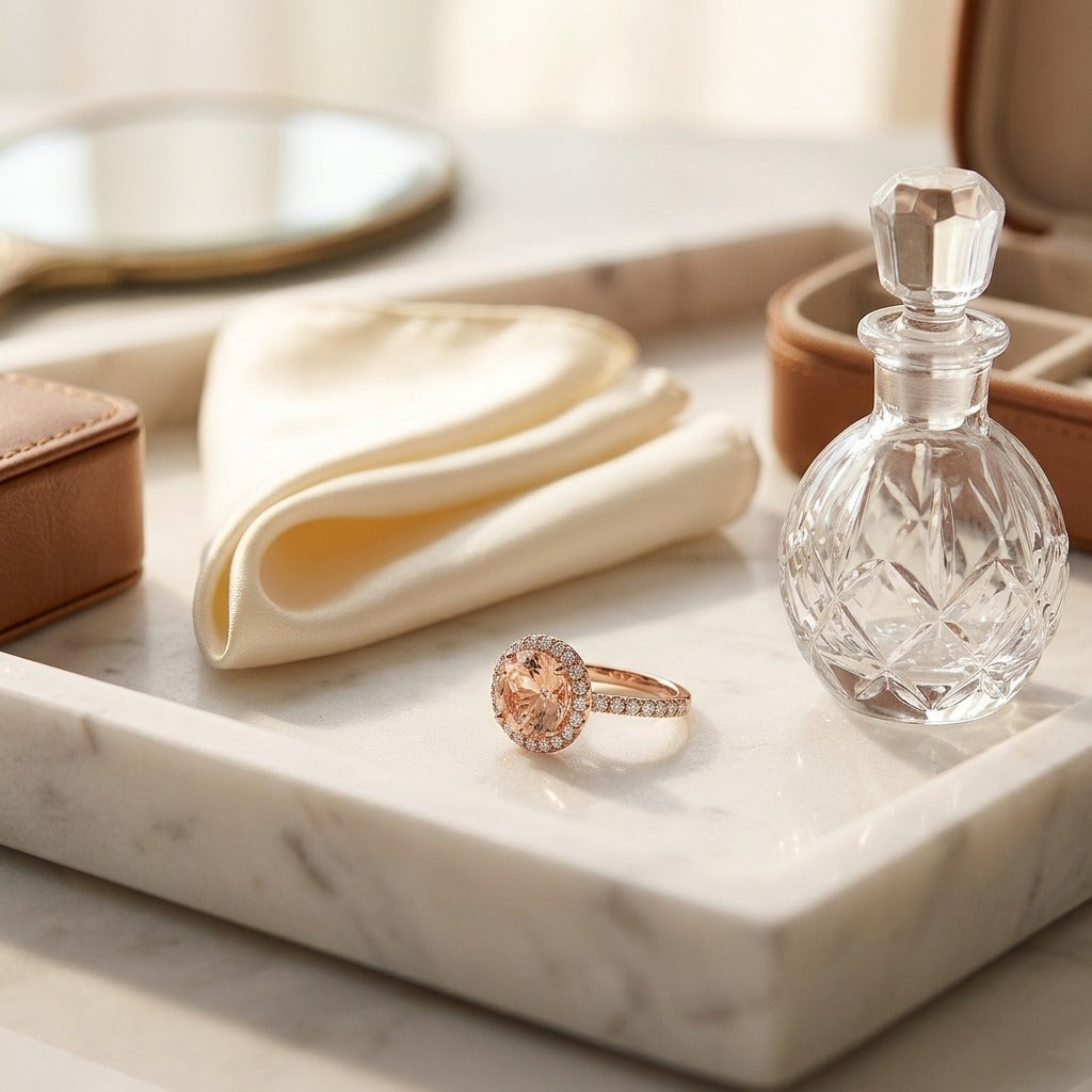 Morganite & Diamond Round Halo Ring with Pave Shank in 18K Rose Gold - lifestyle
