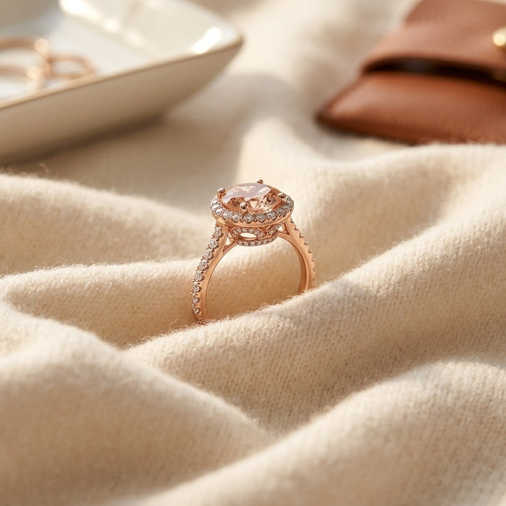 Morganite & Diamond Round Halo Ring with Pave Shank in 18K Rose Gold - flat lay