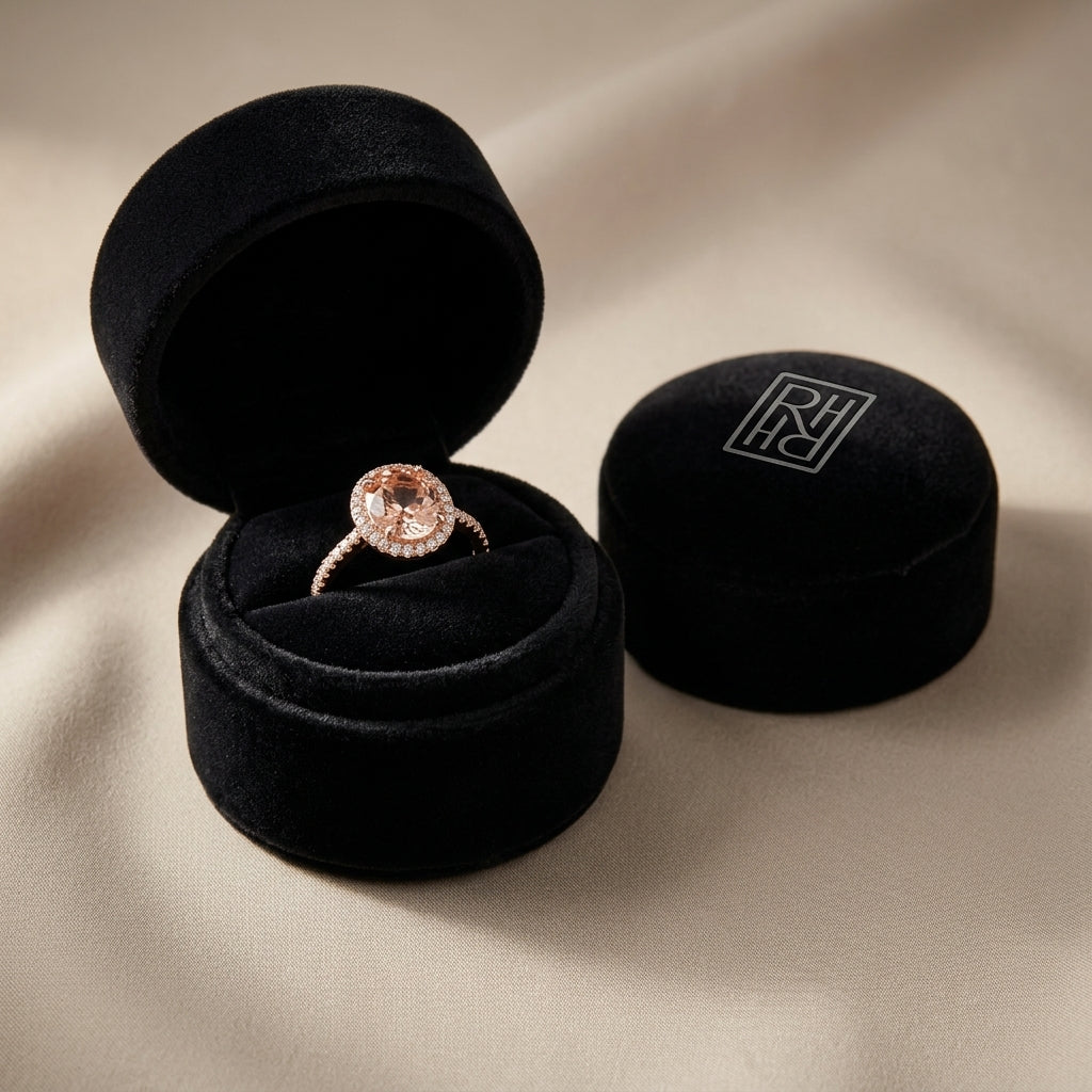 Morganite & Diamond Round Halo Ring with Pave Shank in 18K Rose Gold - presentation