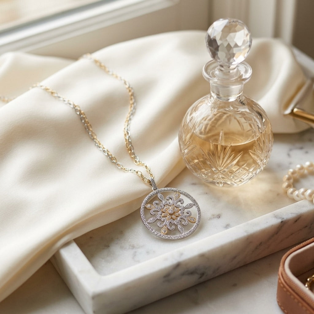 Fleur Di Lis Diamond Circle Pendant in 14K Two-Tone Gold - editorial