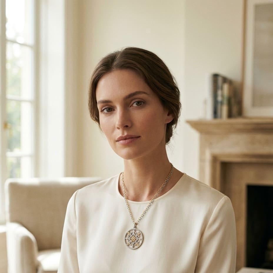 Fleur Di Lis Diamond Circle Pendant in 14K Two-Tone Gold - on model
