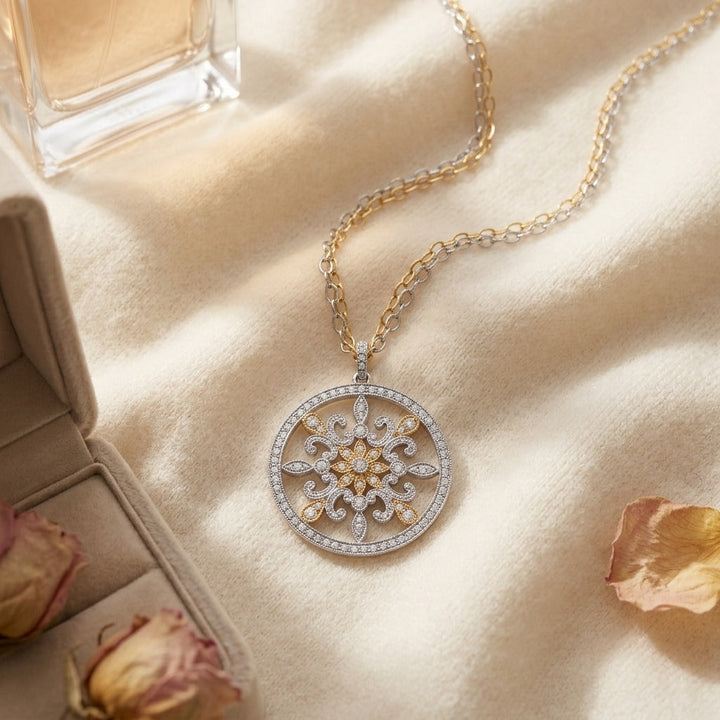 Fleur Di Lis Diamond Circle Pendant in 14K Two-Tone Gold - flat lay