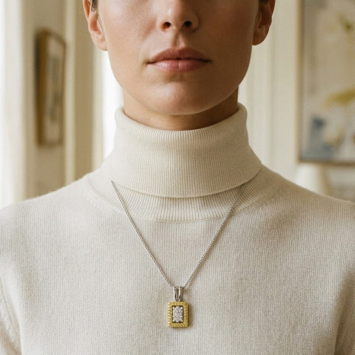 Yellow Sapphire & Diamond Rectangle Cluster Pendant 1/6ctw in 14K Two-Tone Gold - lifestyle