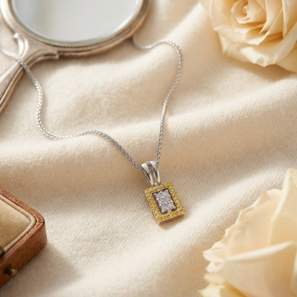 Yellow Sapphire & Diamond Rectangle Cluster Pendant 1/6ctw in 14K Two-Tone Gold - flat lay