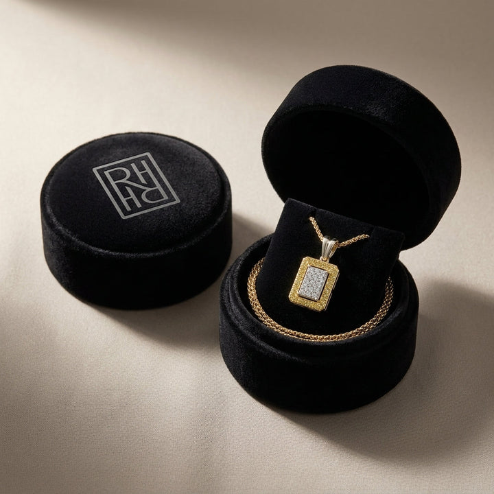 Yellow Sapphire & Diamond Rectangle Cluster Pendant 1/6ctw in 14K Two-Tone Gold - presentation