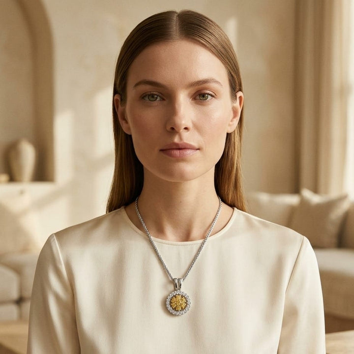 Yellow Sapphire Floral Cluster & Diamond Halo Pendant 1/6ctw in 14K Two-Tone Gold - lifestyle