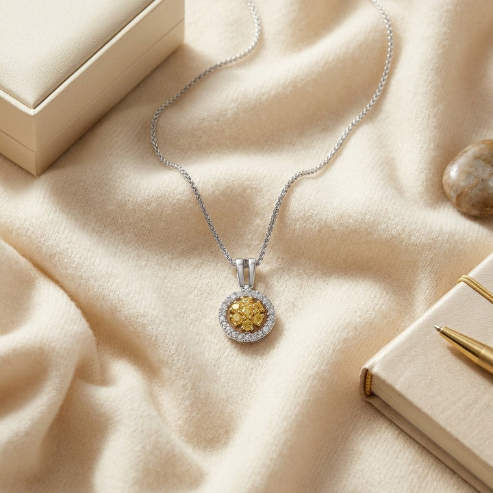 Yellow Sapphire Floral Cluster & Diamond Halo Pendant 1/6ctw in 14K Two-Tone Gold - flat lay