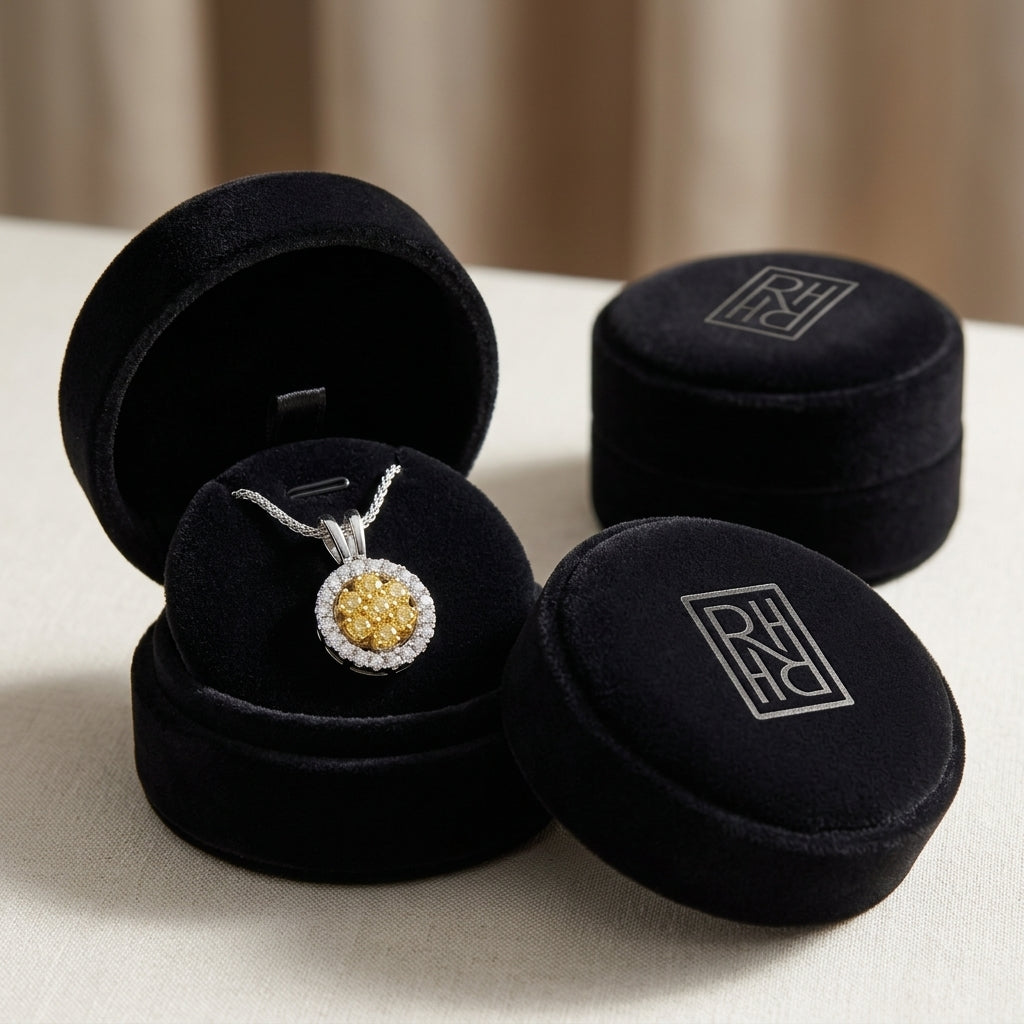 Yellow Sapphire Floral Cluster & Diamond Halo Pendant 1/6ctw in 14K Two-Tone Gold - presentation