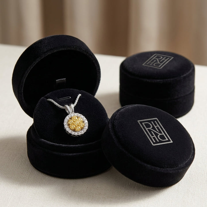 Yellow Sapphire Floral Cluster & Diamond Halo Pendant 1/6ctw in 14K Two-Tone Gold - presentation
