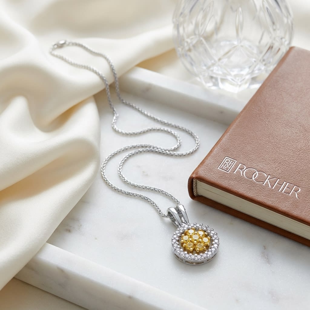 Yellow Sapphire Cluster Pendant With Diamond Halo Border In 18k Yellow And White Gold (17-in Spiga Chain), on marble vanity tray with silk