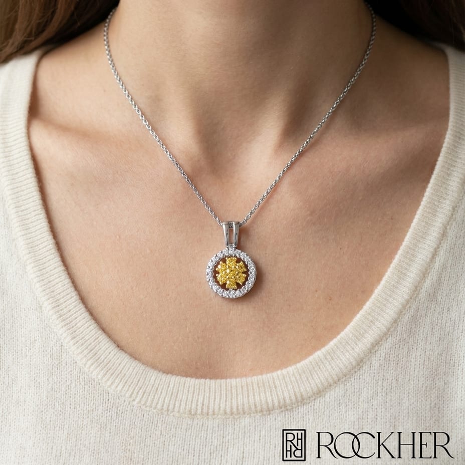 Yellow Sapphire Cluster Pendant With Diamond Halo Border In 18k Yellow And White Gold (17-in Spiga Chain), worn close-up portrait